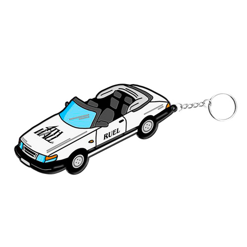 Enamel keyring of white Saab car with Ruel logo