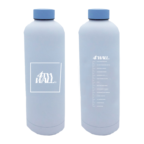 Baby blue drink bottle with Ruel logo on the front and album tracklist on the back