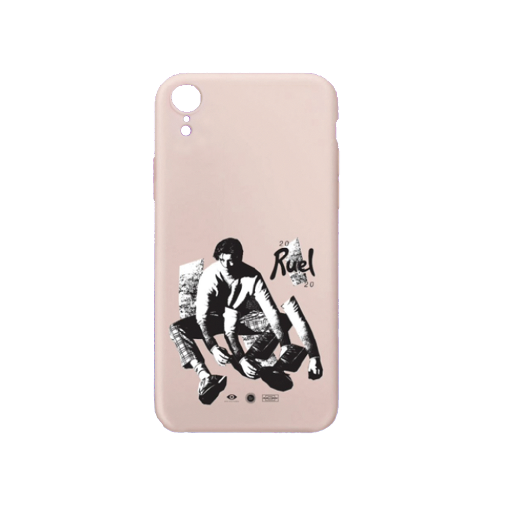 Iphone XR model phone case that is light pink with black and white image of Ruel